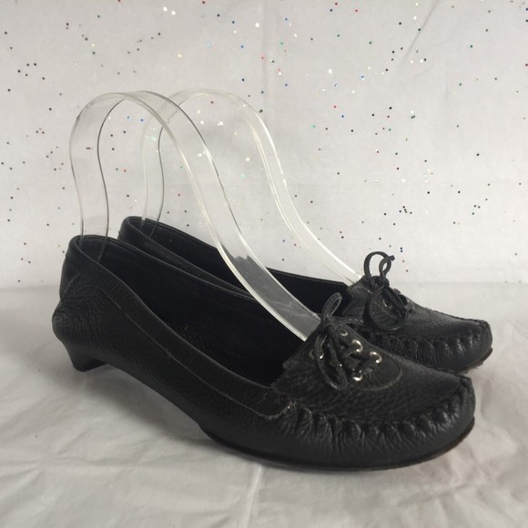 Via Spiga Black Pebbled Leather Lace up Kitten Heel Moccasin Shoe  Size 6 Ballet - Picture 3 of 12